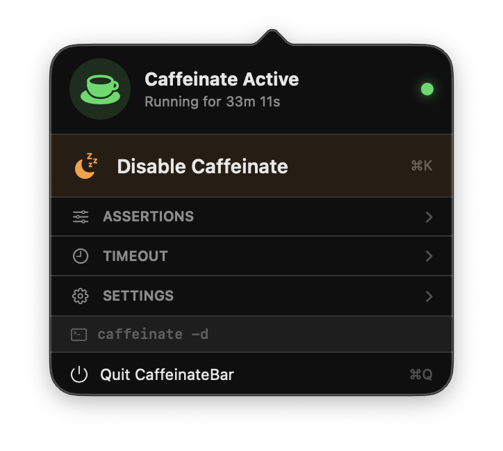 Caffeinate Bar menu showing active caffeinate controls, timeout, assertions, settings, and quit options